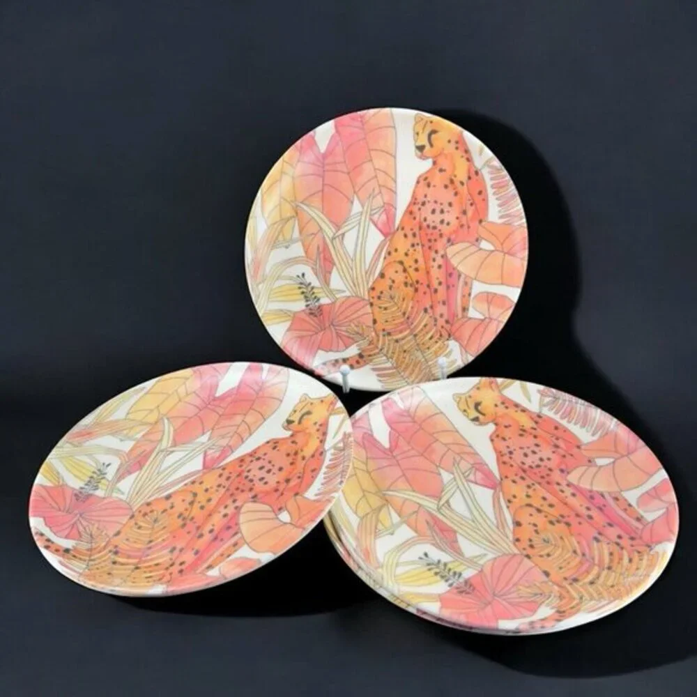 PRIMROSE ALLEY Bamboo‎ Fiber Dish Plate Tropical Palm Floral 8inch Set 4 Plates